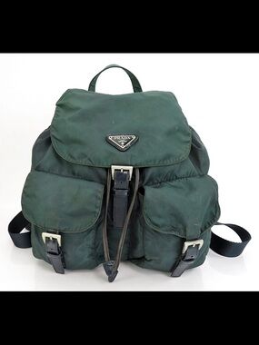 Prada Dark Green Nylon Drawstring Backpack with Front Pockets